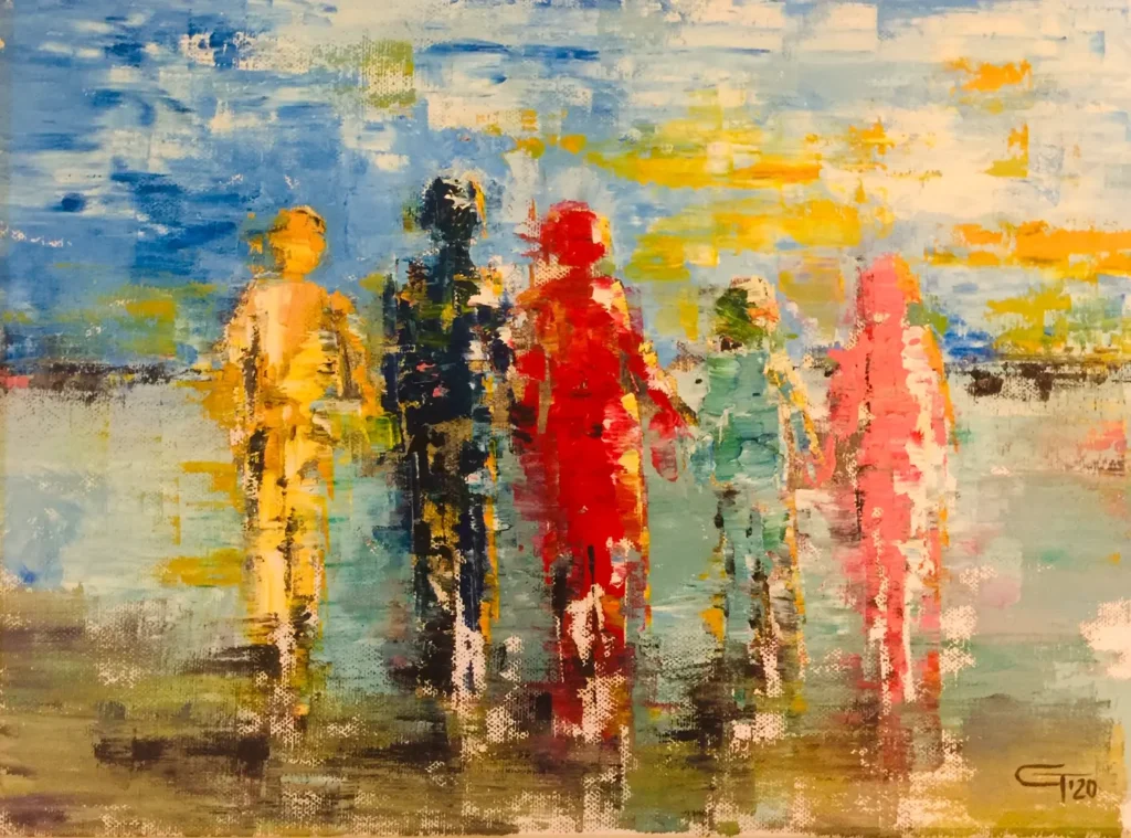 Cinci siluete colorate pe malul apei