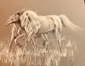 Doi cai albi în galop prin iarbă, pe hârtie maro