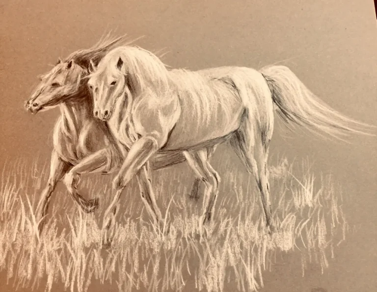 Doi cai albi în galop prin iarbă, pe hârtie maro