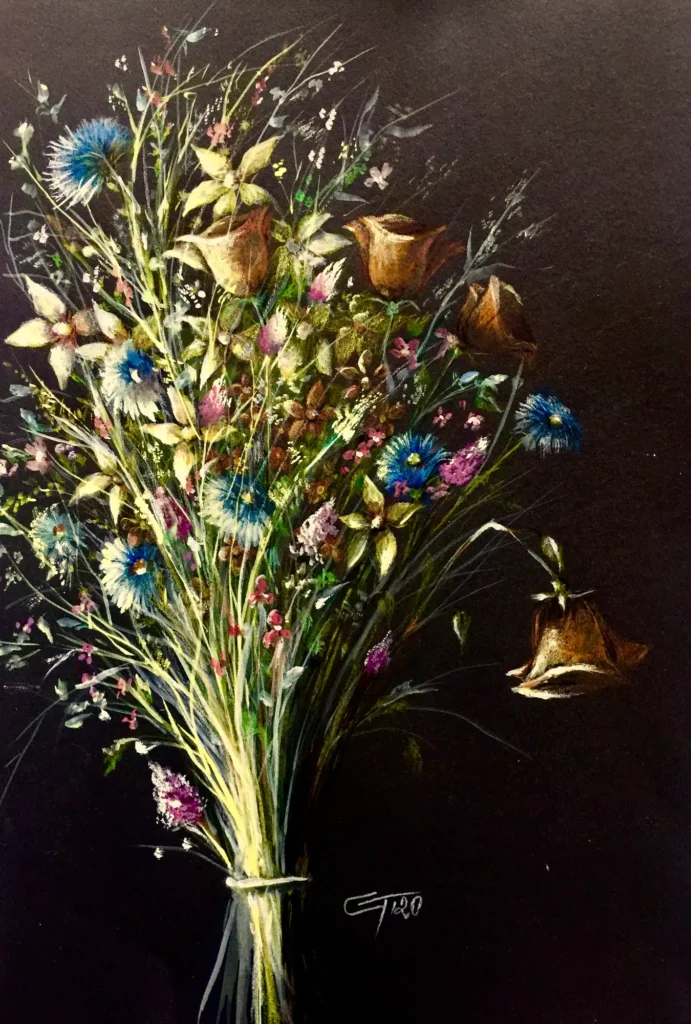 Buchet de flori de câmp legat cu sfoară, pe fond negru
