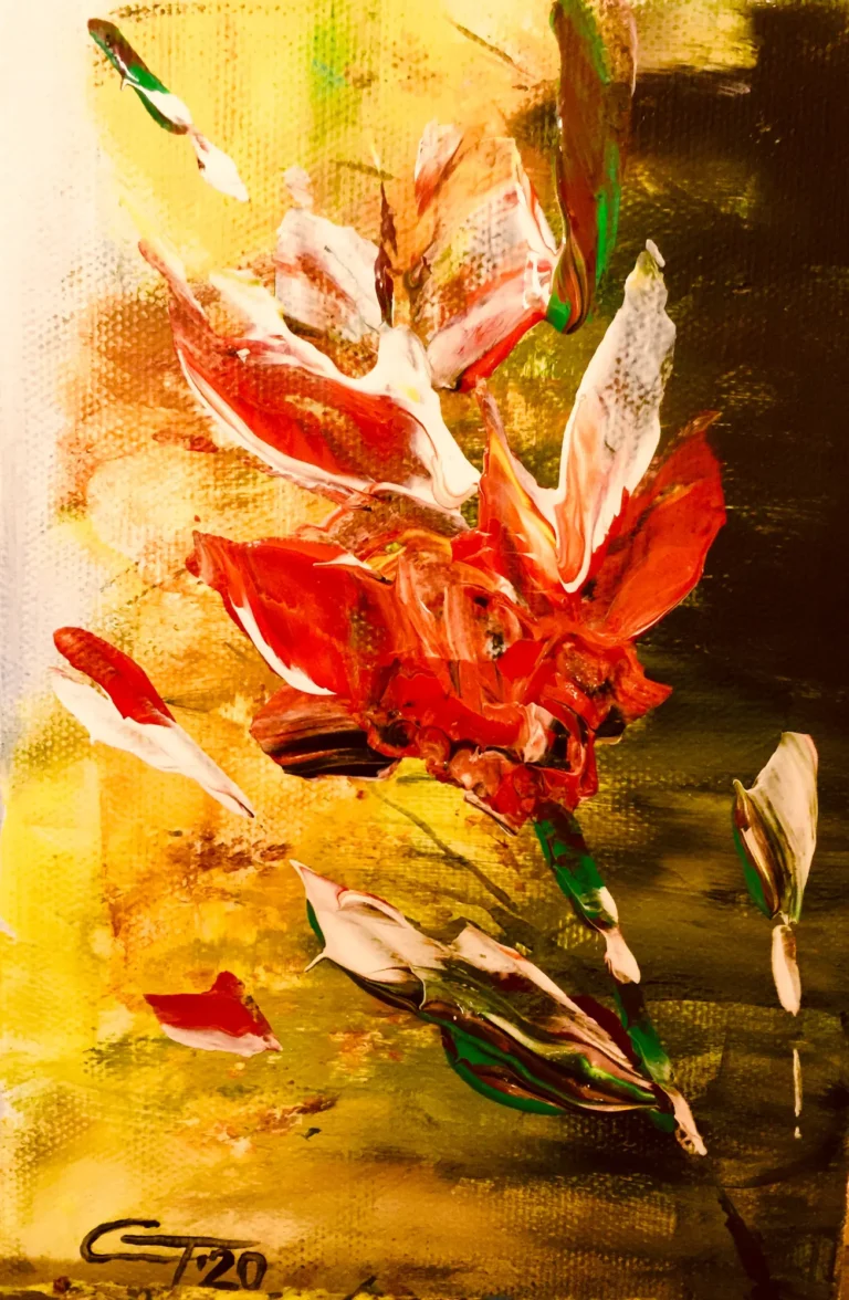 Gladiolă roșie pe un fond auriu și brun