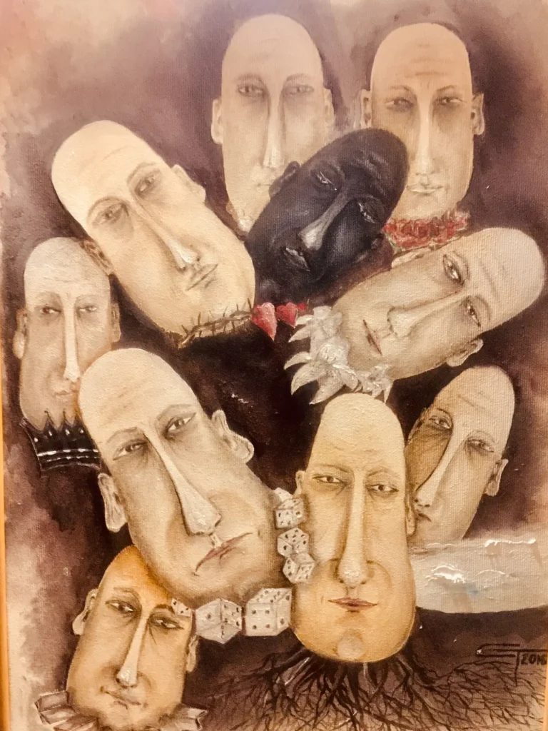 Grup de chipuri alungite, ca niște măști, unul dintre ele negru