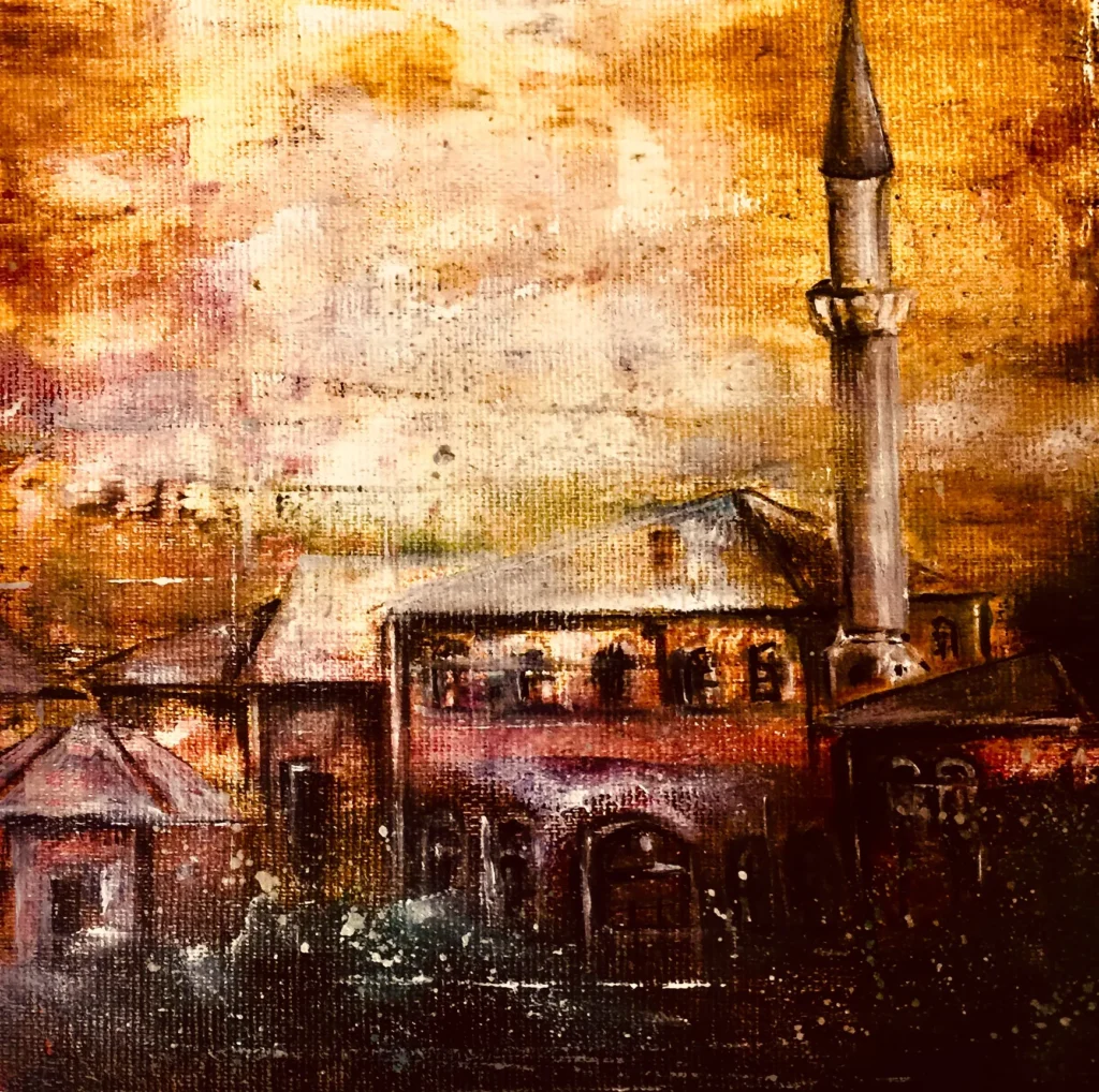 Minaret și case vechi, în tonuri de sepia