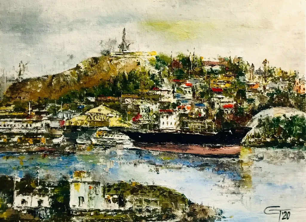 Oraș pe un deal, cu port și vapoare la mal