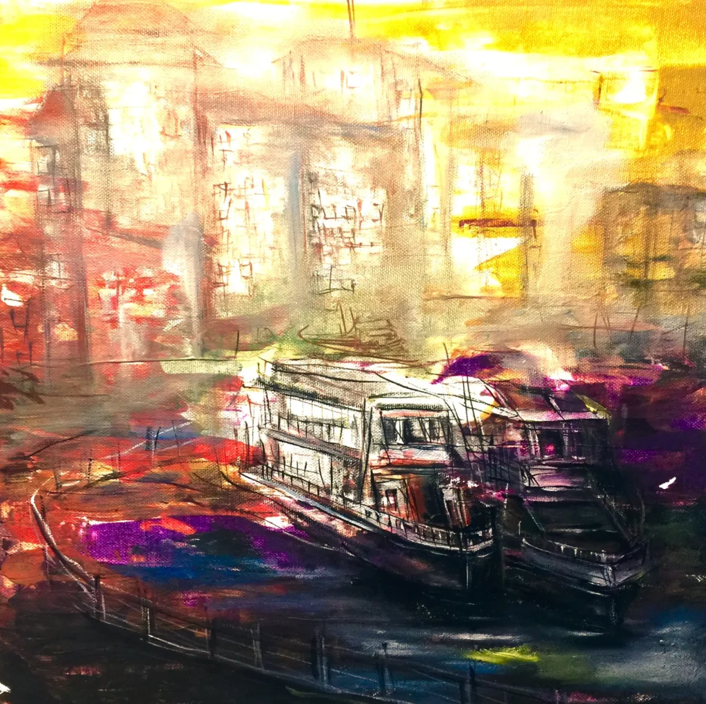Vapor în port, în culori vii